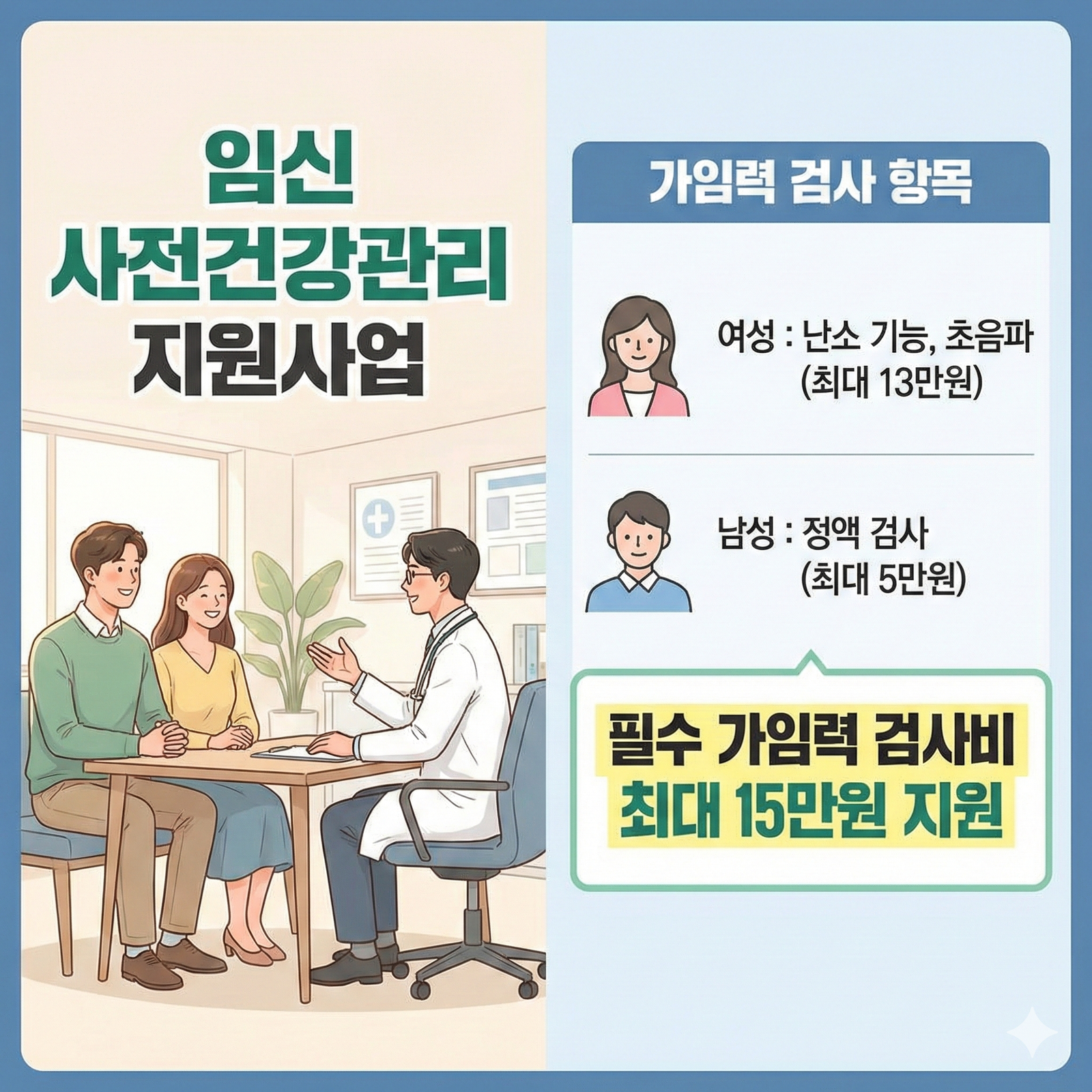 임신 준비 중인 부부를 위한 필수가임력 검사비 지원 정책 가이드입니다. 여성 최대 13만 원, 남성 최대 5만 원의 환급 절차와 신청 요령을 정리했습니다.
